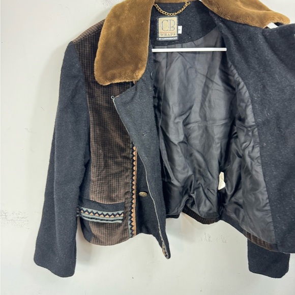 Vintage Y2k 90s Size Small Wool Mohair Blend Faux Fur Collar Cropped Blazer - Picture 6 of 7